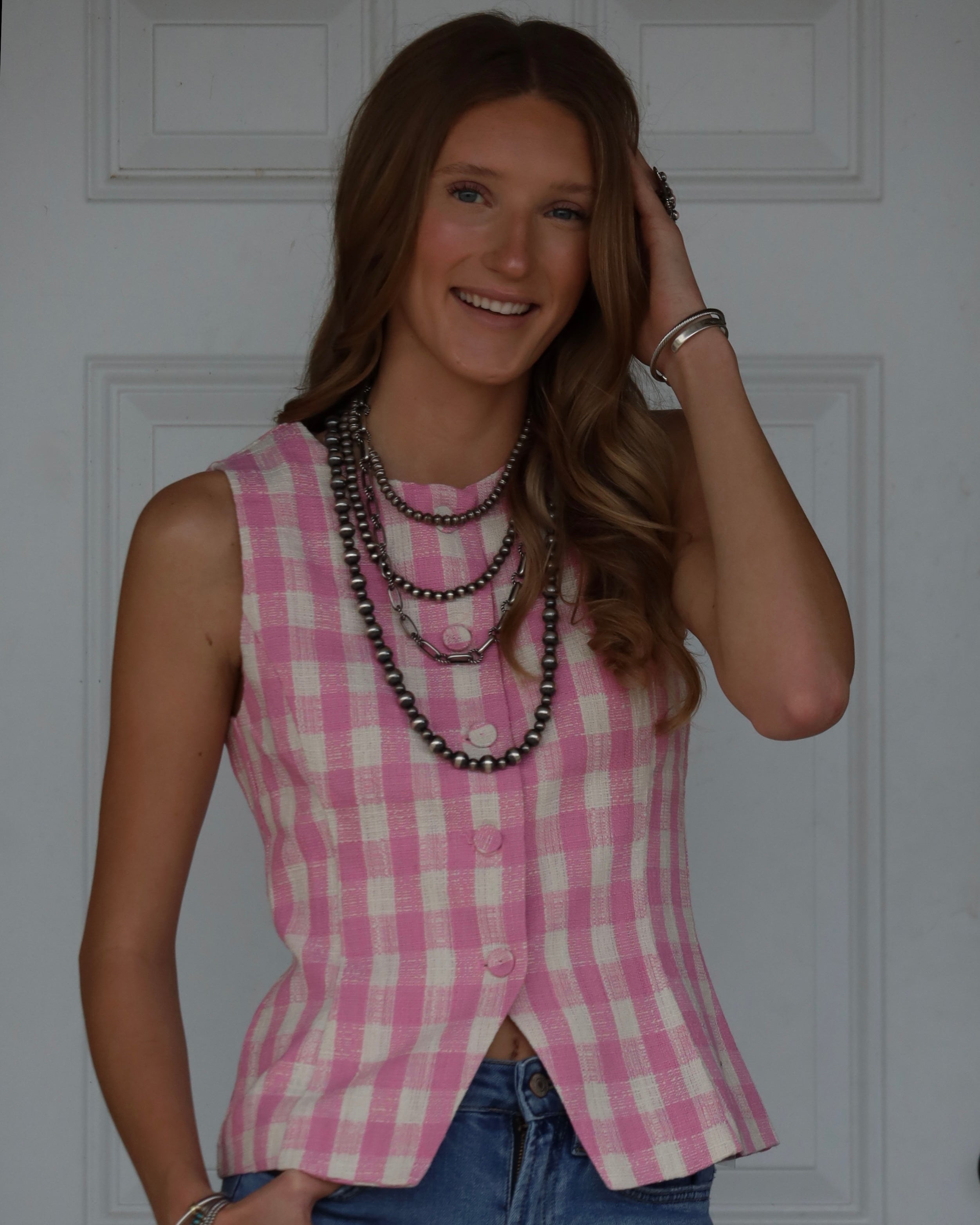 Pink Gingham Button Top