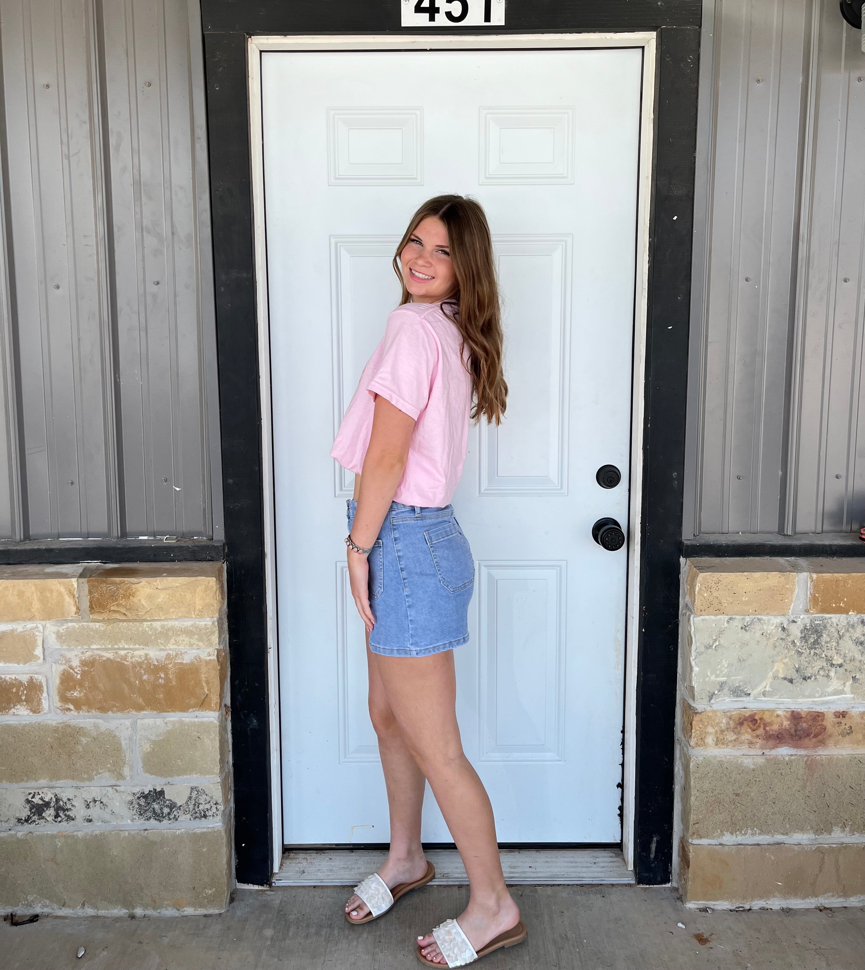 High Rise Patch Pocket Denim Shorts