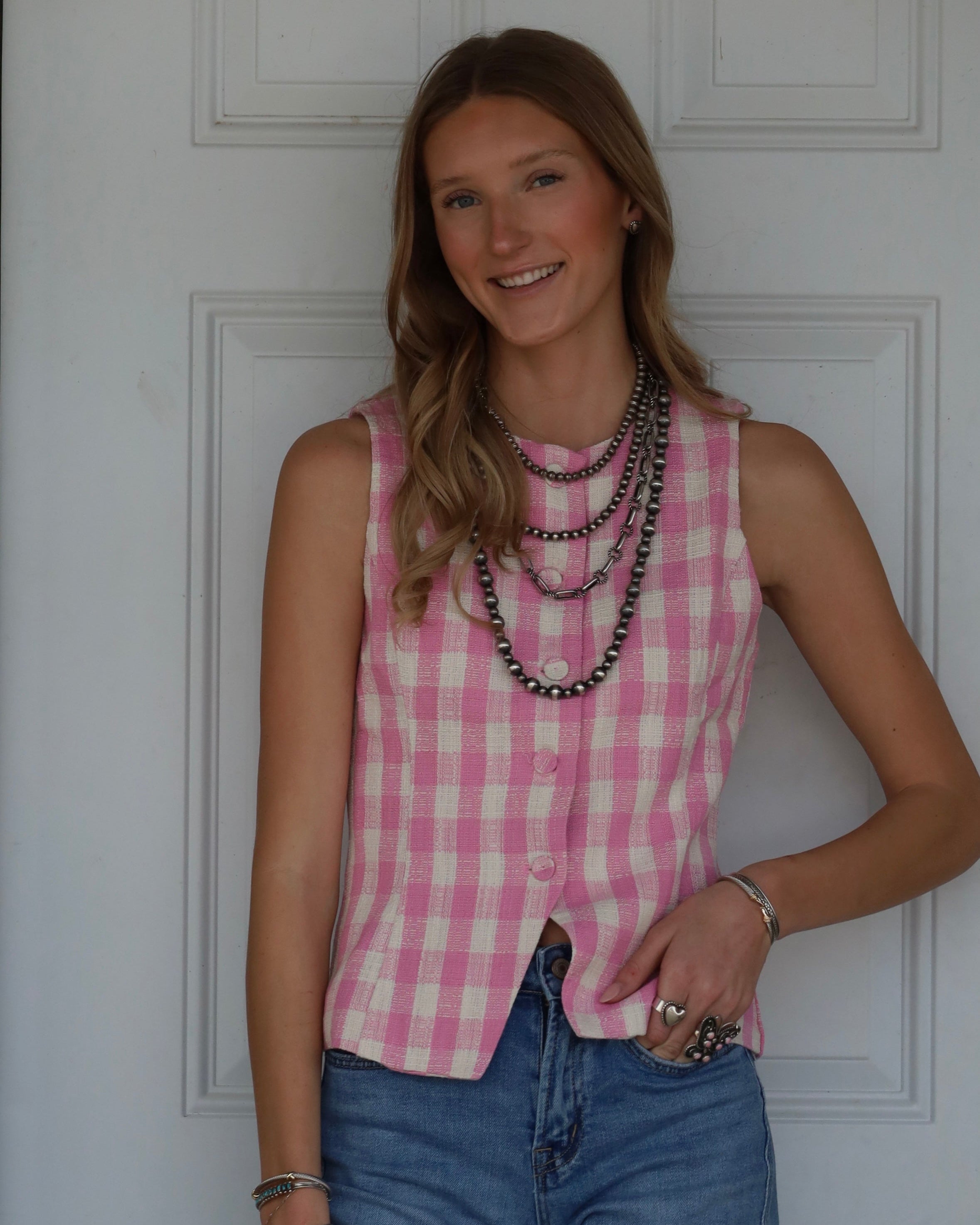 Pink Gingham Button Top