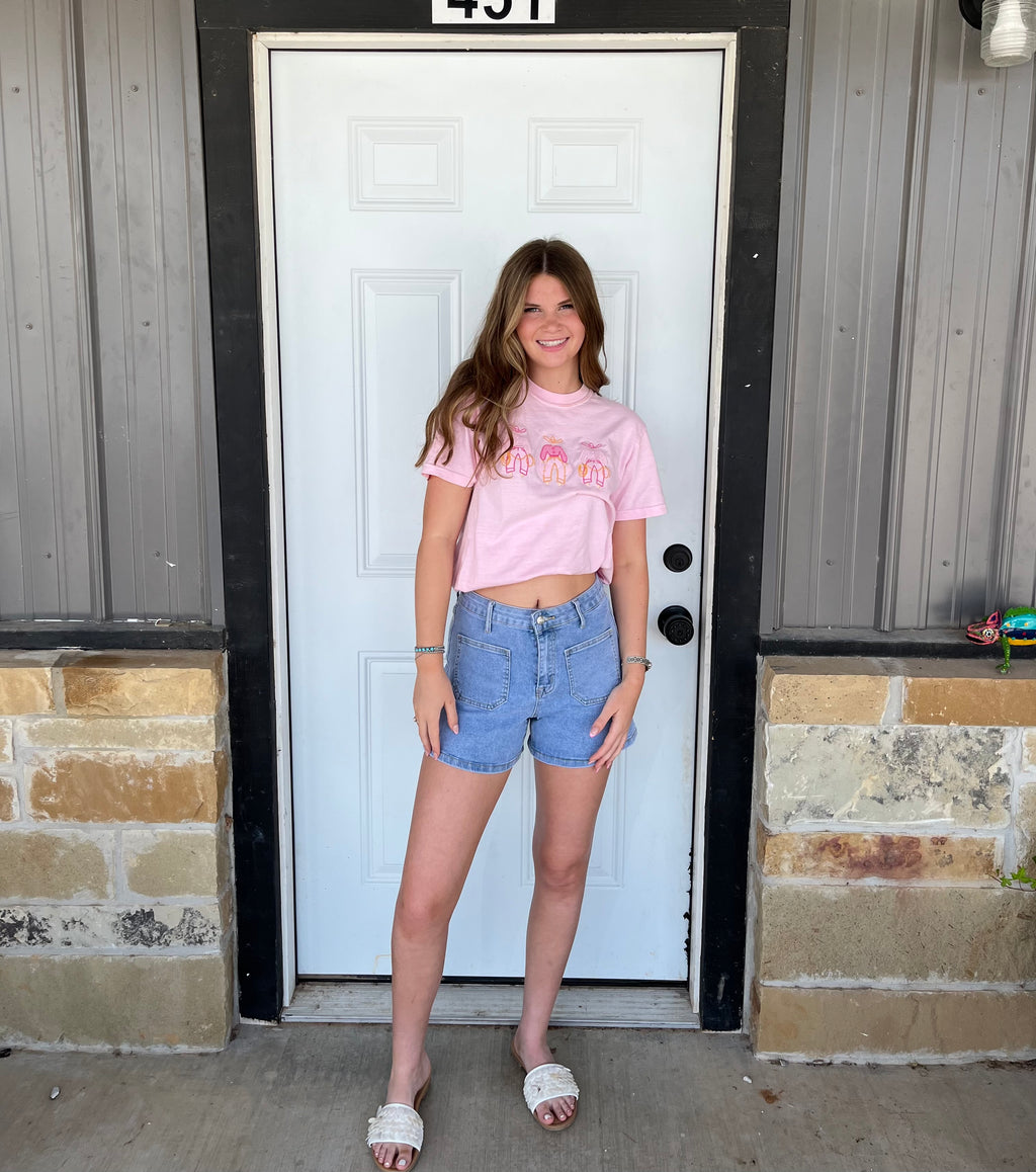 High Rise Patch Pocket Denim Shorts