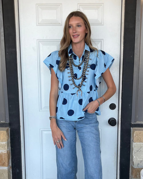 Blue Polka Dot Ruffle Top